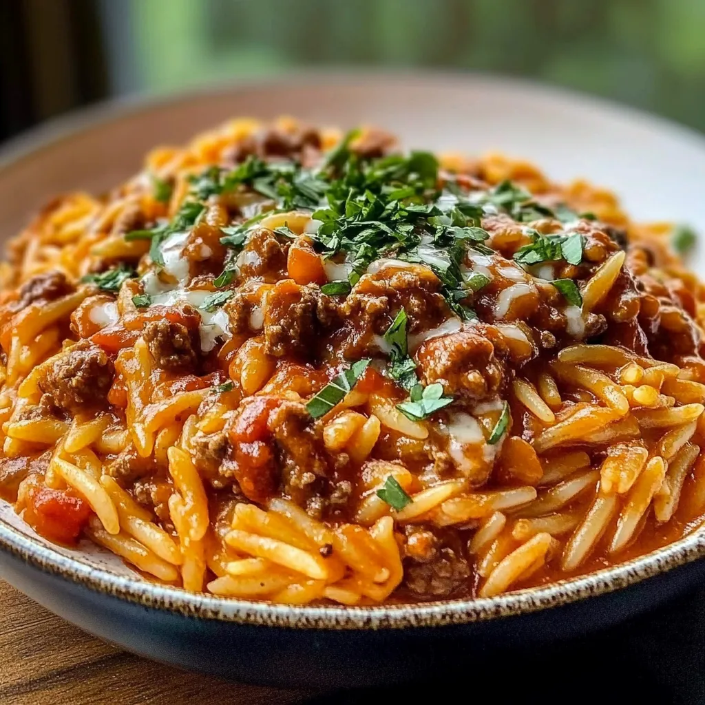 Ground Beef Orzo with Tomato Cream Sauce Crispy