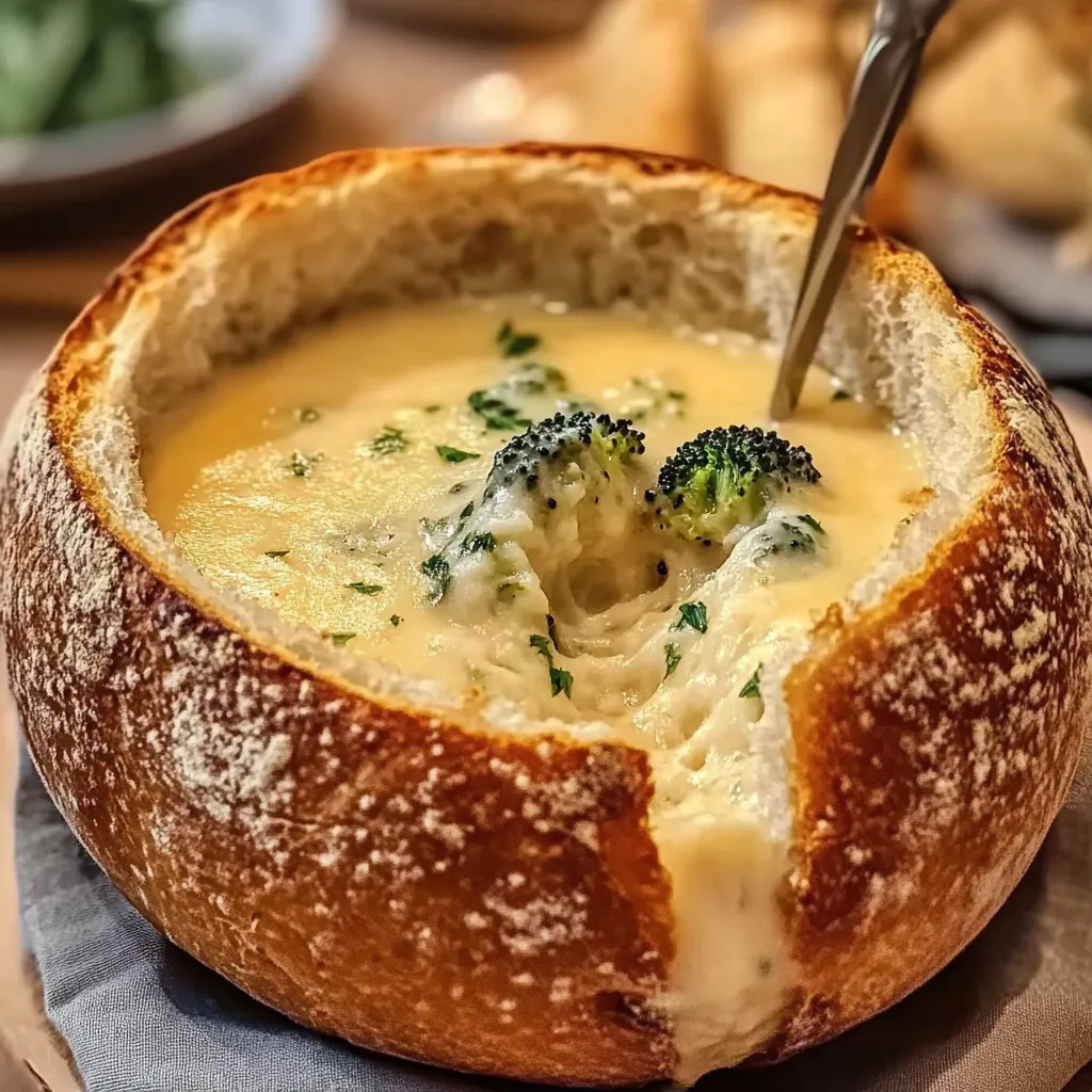 Zesty Classic Broccoli Cheddar Soup in Bread Bowl