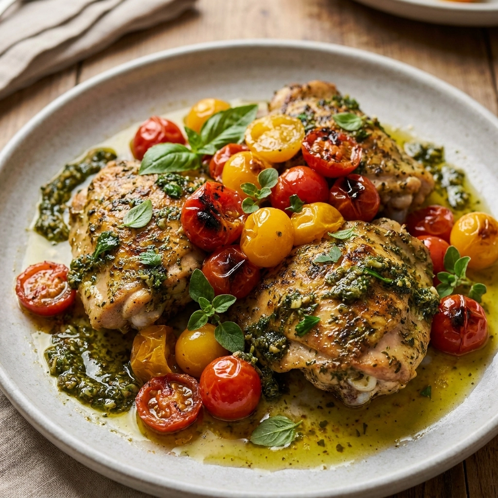 Flavorful Pesto Chicken Recipe with Juicy Cherry Tomatoes | Easy Weeknight Dinner