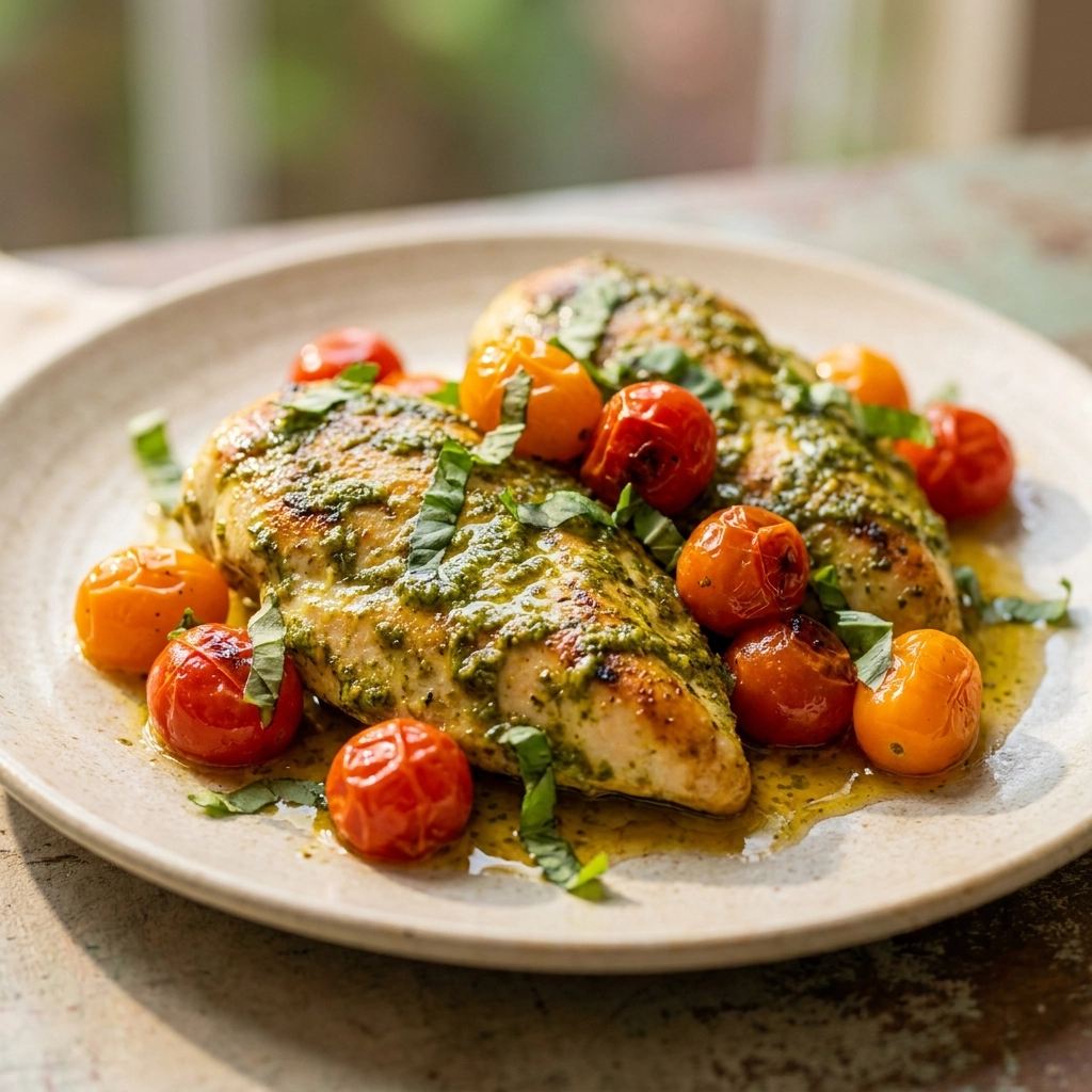 Flavorful Pesto Chicken Recipe with Juicy Cherry Tomatoes | Easy Weeknight Dinner