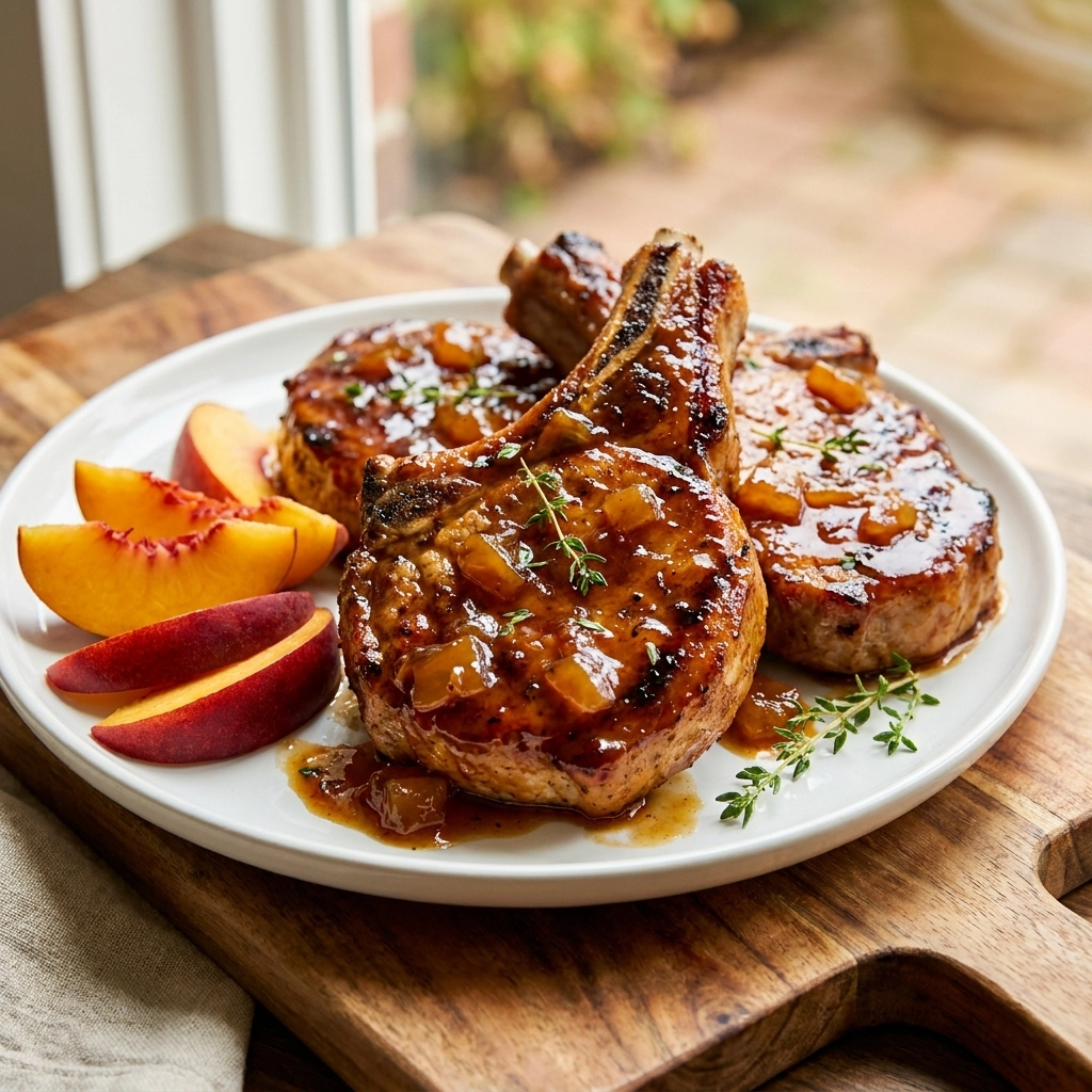 Flavorful Peach Bourbon BBQ Glazed Pork Chops Recipe Easy and Perfect for Summer | BBQ Pork Chops