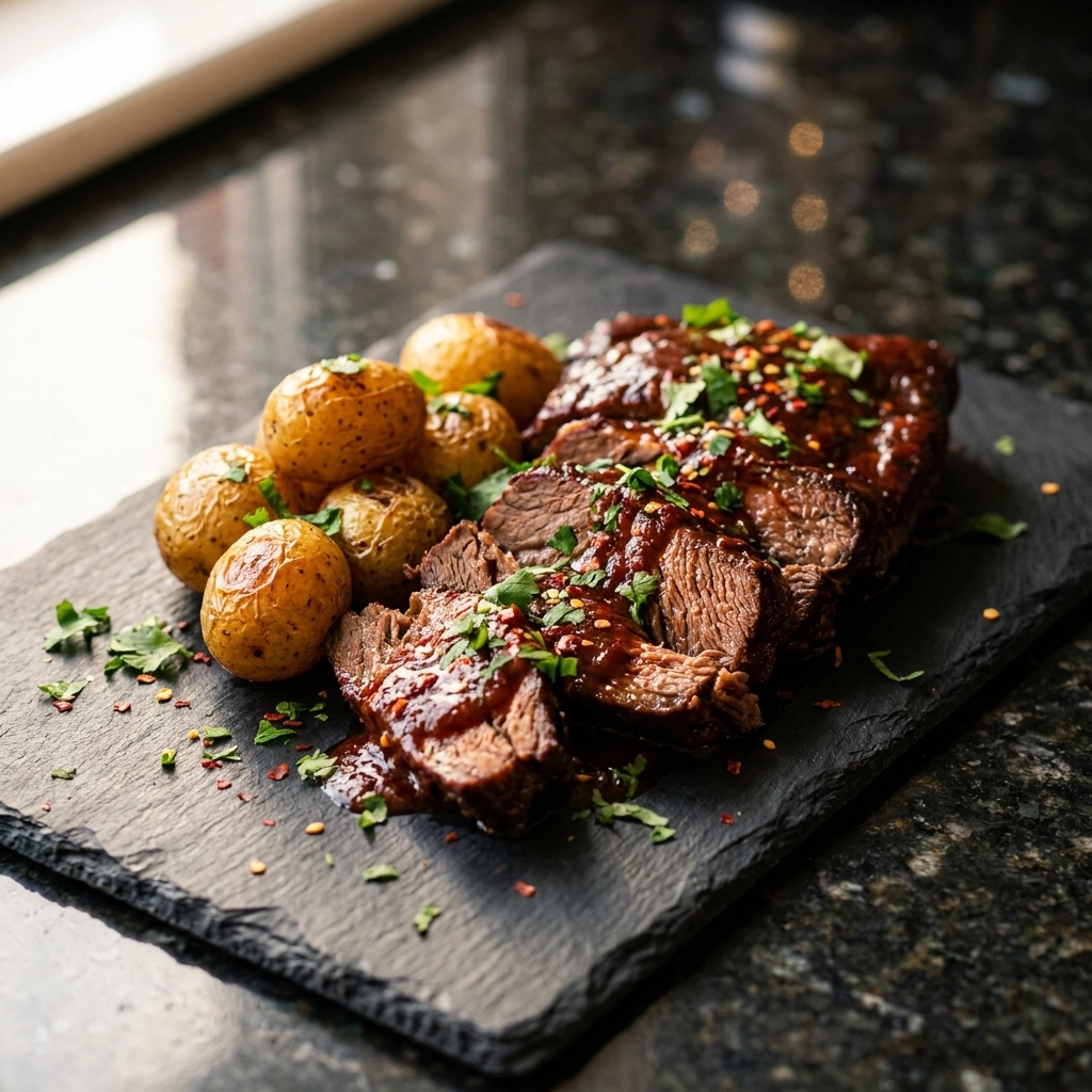 Slow Cooker Garlic Butter Beef With Potatoes And Pomegranate Paprika Glaze | Easy Comfort Food Dinner