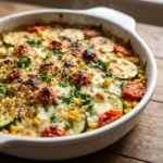 Irresistibly Cheesy Zucchini Corn Tomato Bake with Parmesan Crust | Summer Vegetable Casserole