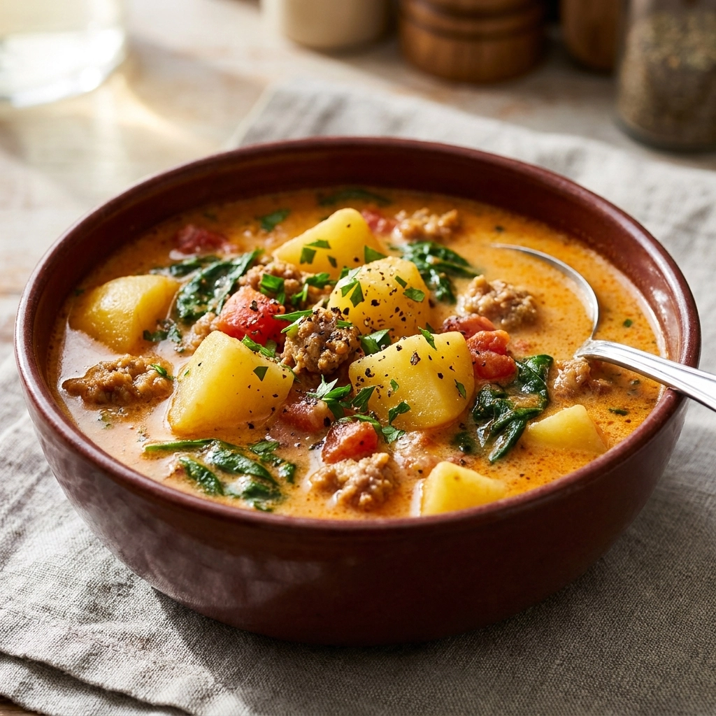 Hearty Italian Sausage Potato Soup with Garlic and Cream | Cozy Winter Soup Recipe