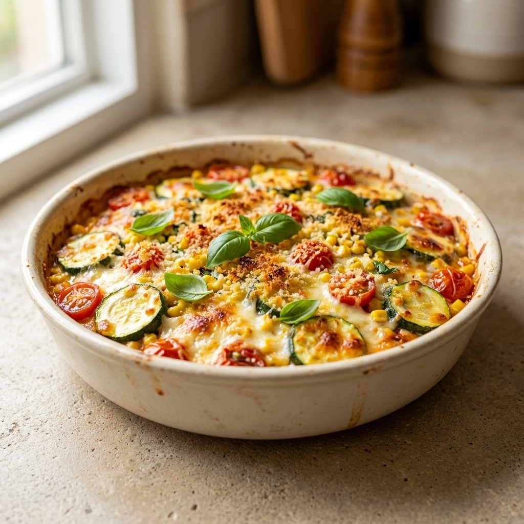 Irresistibly Cheesy Zucchini Corn Tomato Bake with Parmesan Crust | Summer Vegetable Casserole