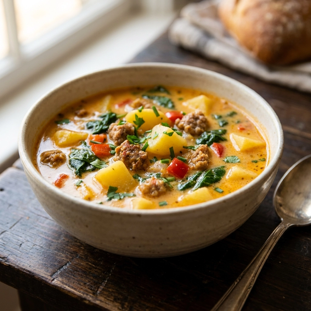 Hearty Italian Sausage Potato Soup with Garlic and Cream | Cozy Winter Soup Recipe