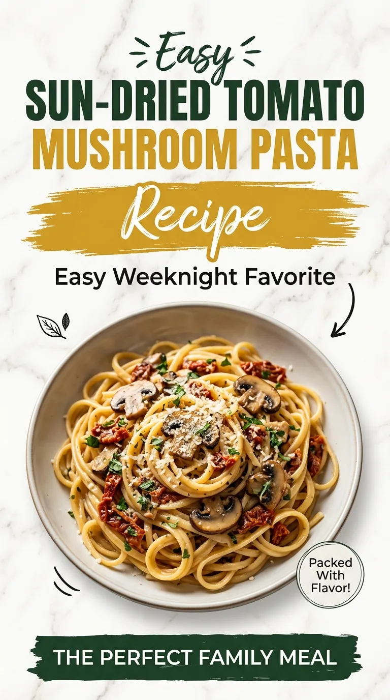 Pasta tossed in a creamy sauce with sautéed mushrooms and sun-dried tomatoes, garnished with fresh parsley in a bowl.