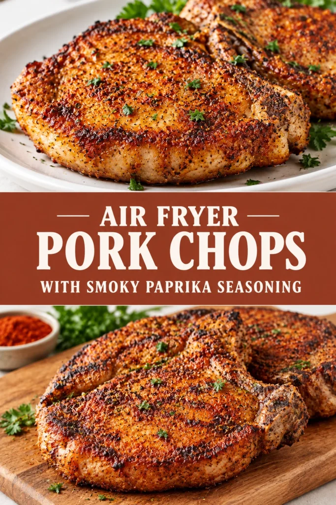 Two juicy, golden-brown air fried pork chops seasoned with smoky paprika, served on a plate with a garnish.