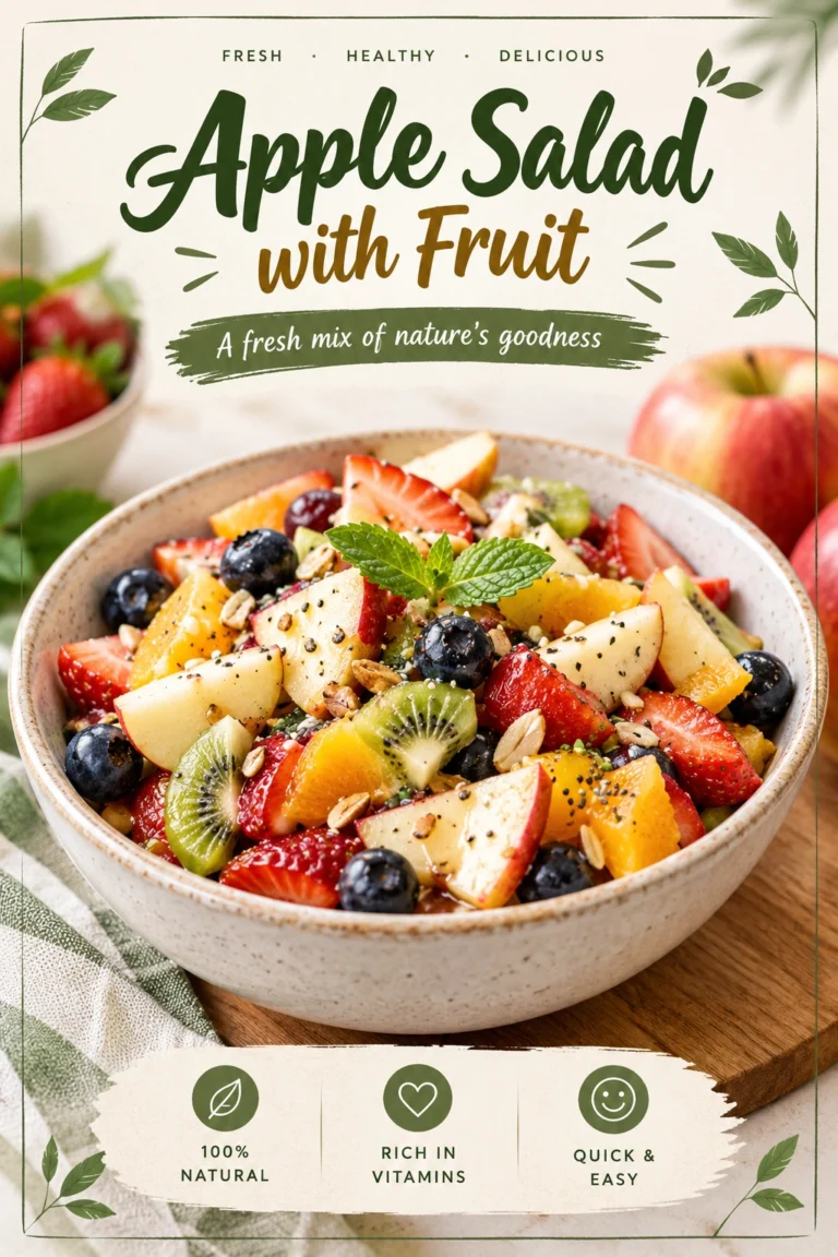 A fresh salad of sliced crisp apples and mixed fruits in a white bowl, garnished with fresh mint leaves.
