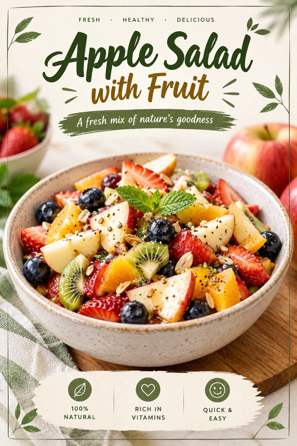 A fresh salad of sliced crisp apples and mixed fruits in a white bowl, garnished with fresh mint leaves.