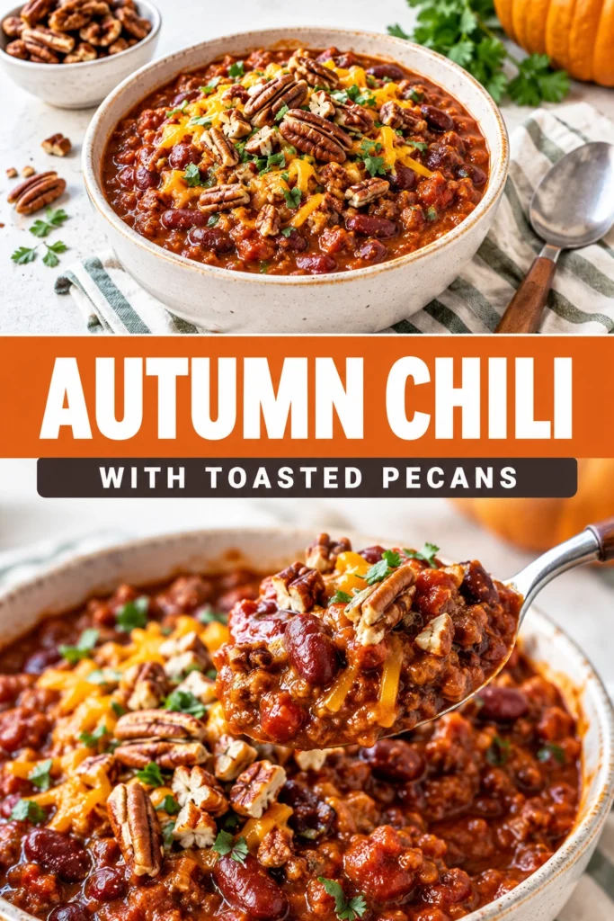 A bowl of thick beef and bean chili topped with melted cheese, fresh cilantro, and toasted pecan halves.