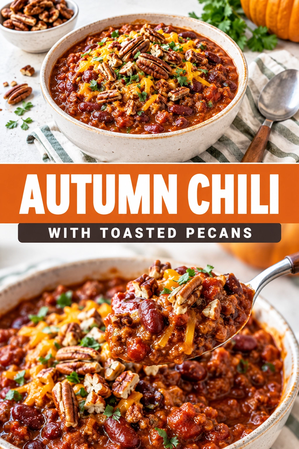 A bowl of thick beef and bean chili topped with melted cheese, fresh cilantro, and toasted pecan halves.