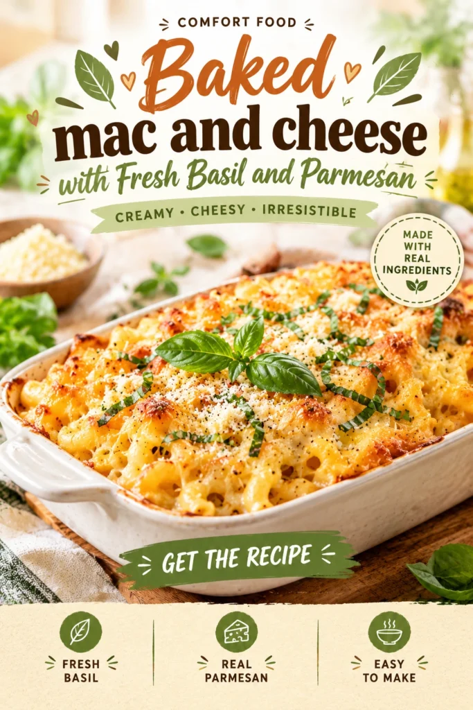 Baked macaroni and cheese in a white baking dish topped with golden brown parmesan crust and fresh basil leaves.