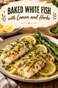 Baked white fish fillets topped with fresh herbs and lemon slices, served on a platter with steamed vegetables.