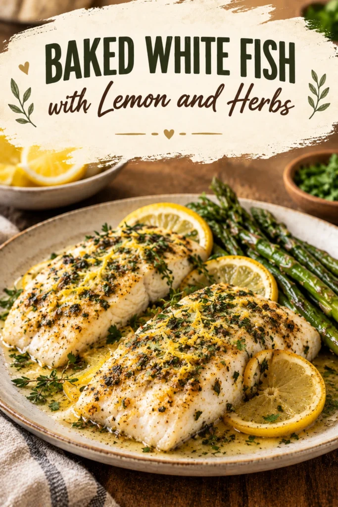 Baked white fish fillets topped with fresh herbs and lemon slices, served on a platter with steamed vegetables.