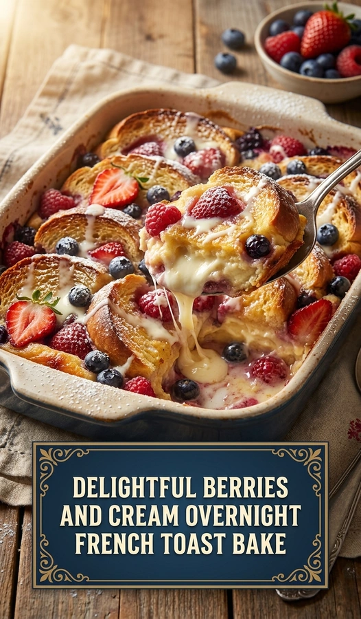 Golden brown French toast bake topped with fresh strawberries, blueberries, and a drizzle of cream in a baking dish.