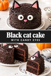 A round cake frosted in black buttercream shaped like a cat head with candy eyes and pointed ears.