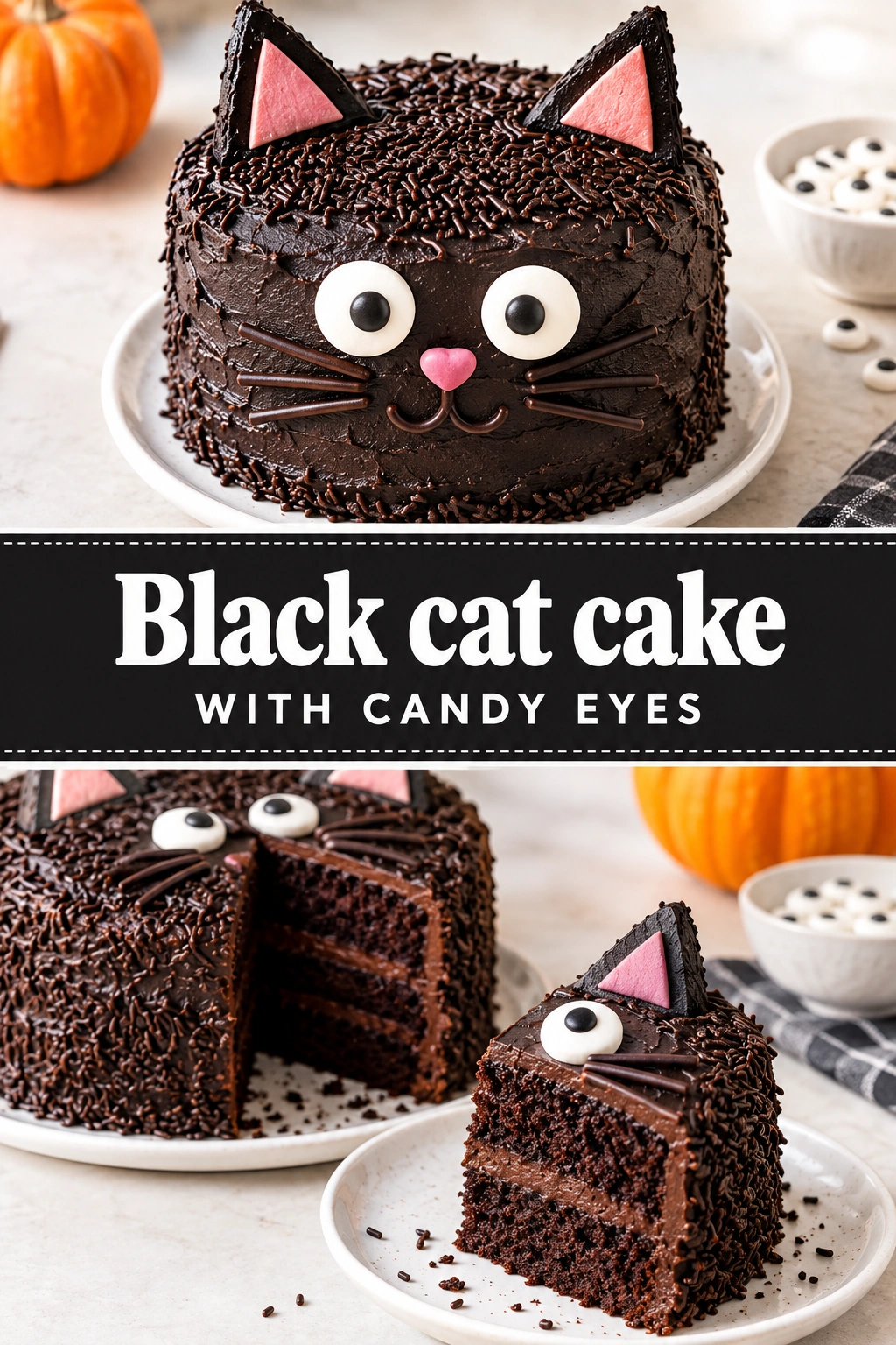 A round cake frosted in black buttercream shaped like a cat head with candy eyes and pointed ears.