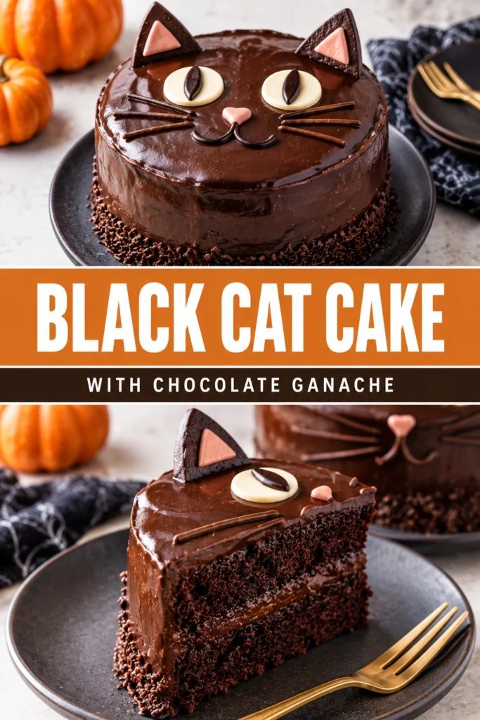 A round chocolate cake shaped and frosted like a black cat with chocolate ganache, featuring pointy ears and whiskers.