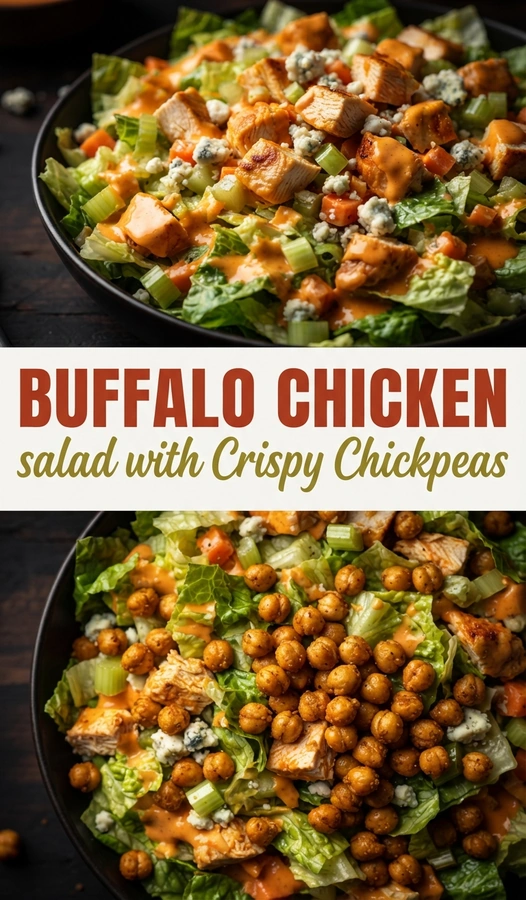 Buffalo chicken salad with mixed greens, spicy buffalo-glazed chicken, and golden crispy chickpeas in a white serving bowl.