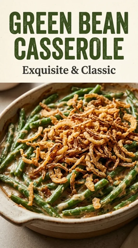 Green bean casserole in a white baking dish topped with golden brown crispy fried onions and creamy mushroom sauce.