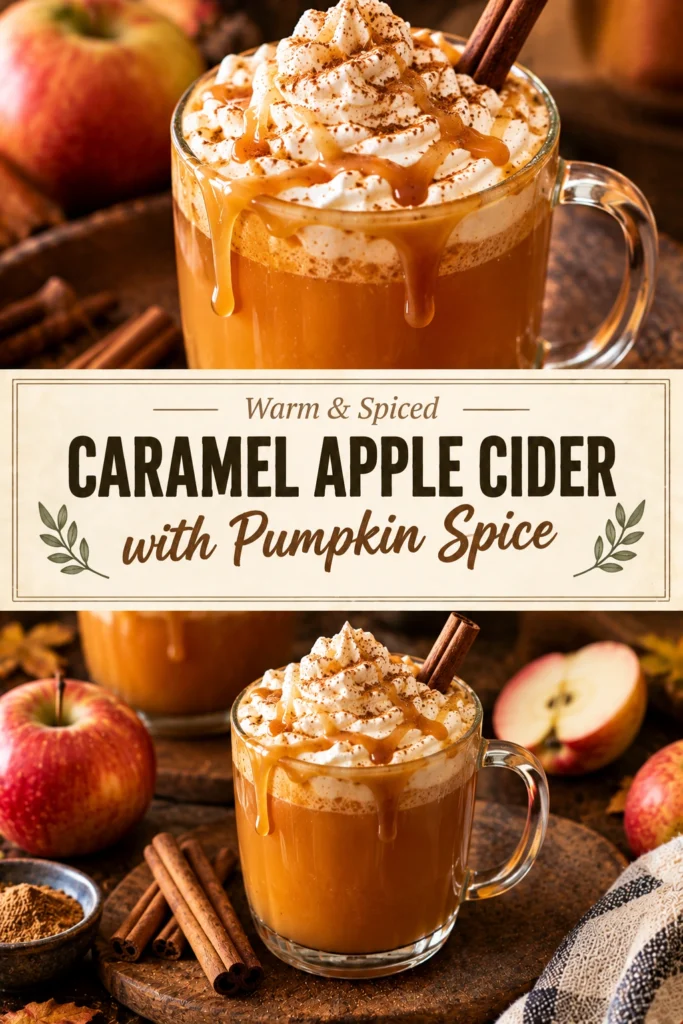 A glass mug of creamy caramel apple cider topped with whipped cream, a cinnamon stick, and a sliced apple.