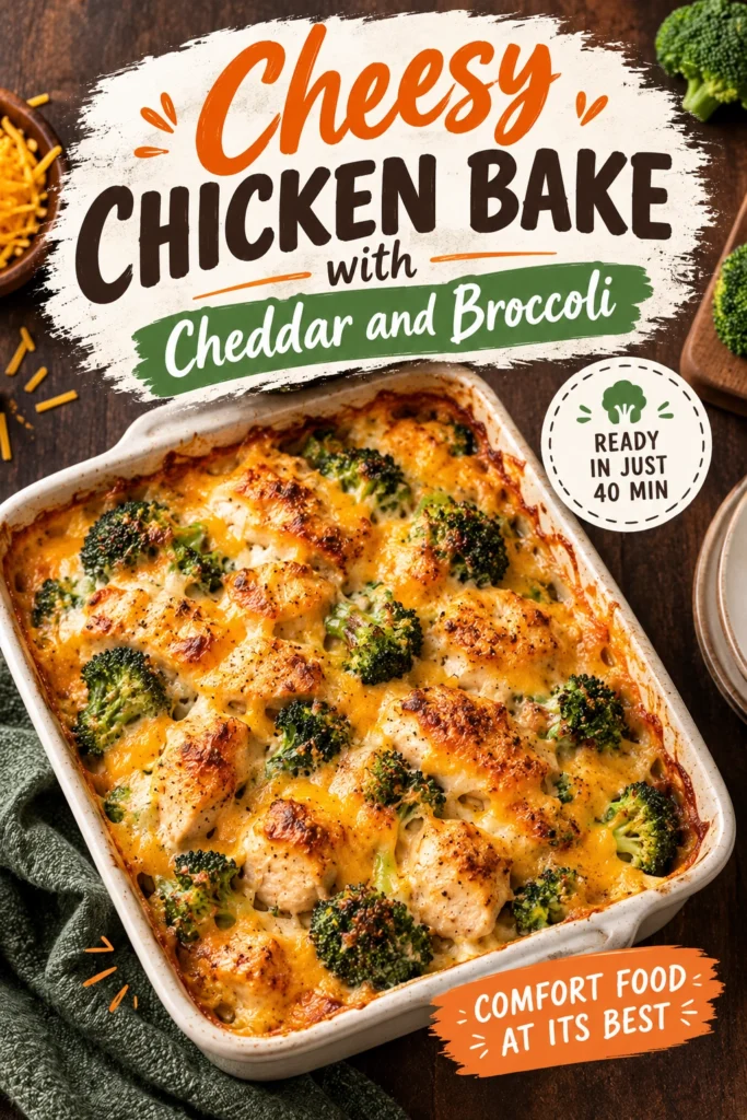 Baked chicken breast and broccoli florets smothered in melted cheddar cheese in a white baking dish.