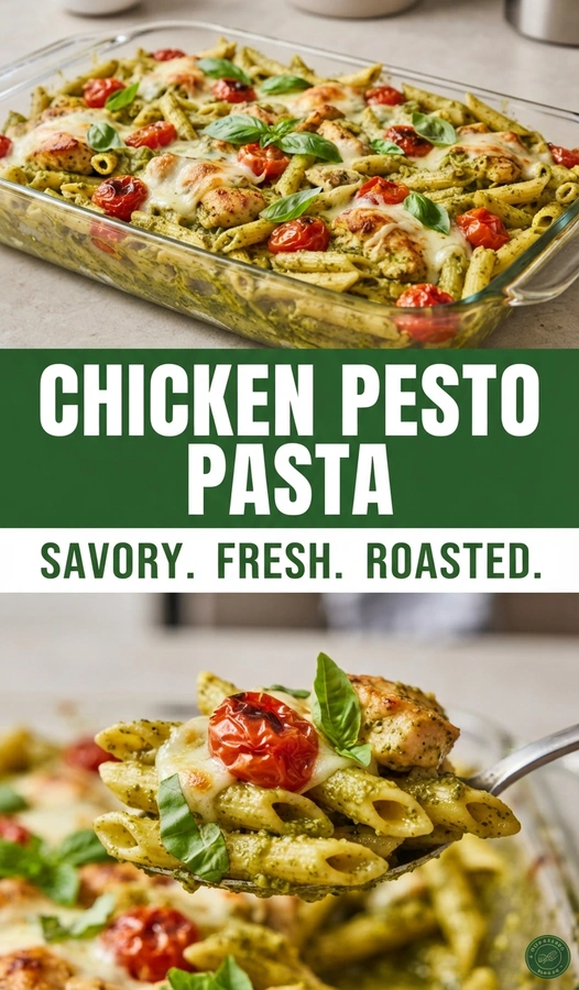 Penne pasta tossed in green pesto with sliced grilled chicken, blistered cherry tomatoes, and fresh basil leaves in a bowl.