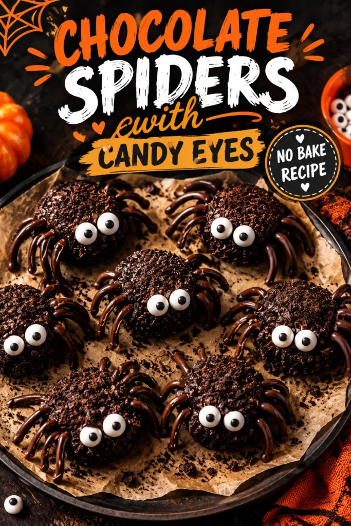 Chocolate truffle balls shaped like spiders with pretzel stick legs and small white candy eyes on a platter.