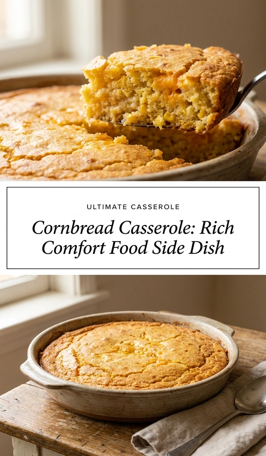 A golden-brown cornbread casserole in a baking dish, served as a square slice with a soft, moist texture.