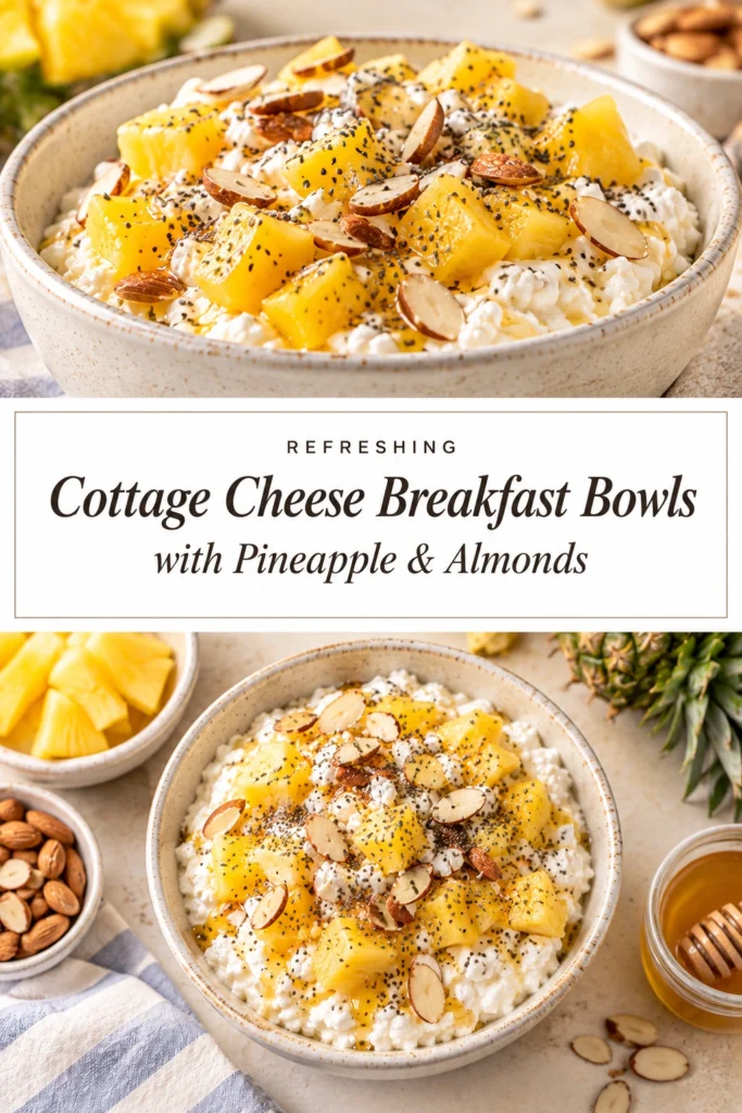 A white bowl filled with cottage cheese topped with fresh pineapple chunks, sliced almonds, and a drizzle of honey.