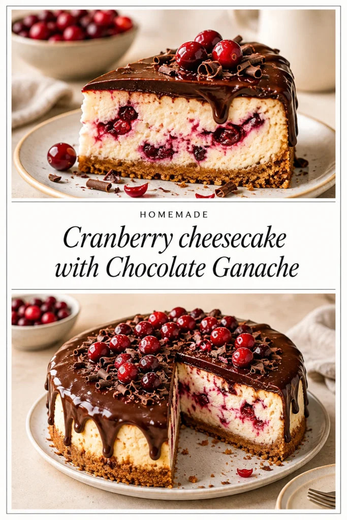 A slice of cranberry cheesecake with a graham cracker crust, topped with chocolate ganache and fresh whole cranberries.
