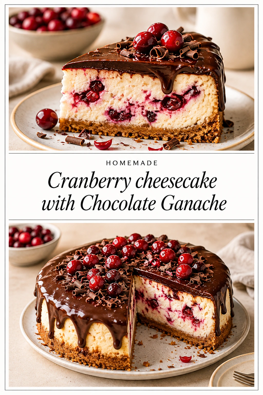 A slice of cranberry cheesecake with a graham cracker crust, topped with chocolate ganache and fresh whole cranberries.