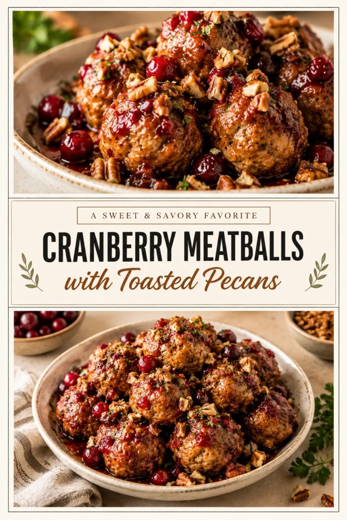 Glazed cranberry meatballs in a white serving bowl, topped with toasted pecan pieces and fresh parsley garnish.