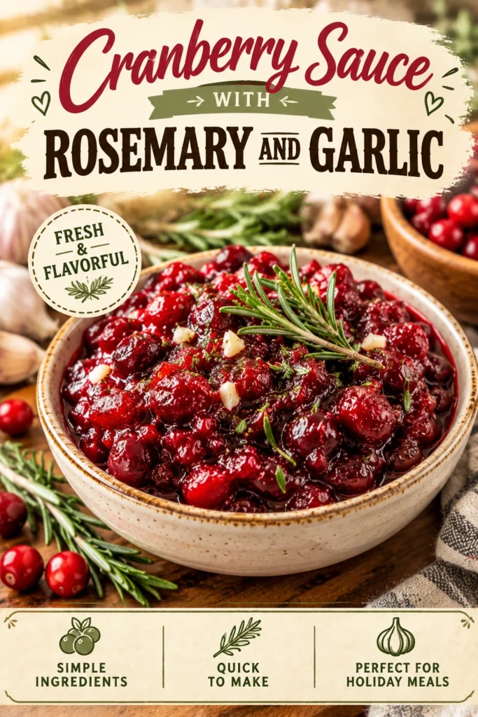 A glass bowl of deep red cranberry sauce garnished with fresh rosemary sprigs and minced garlic on a table.