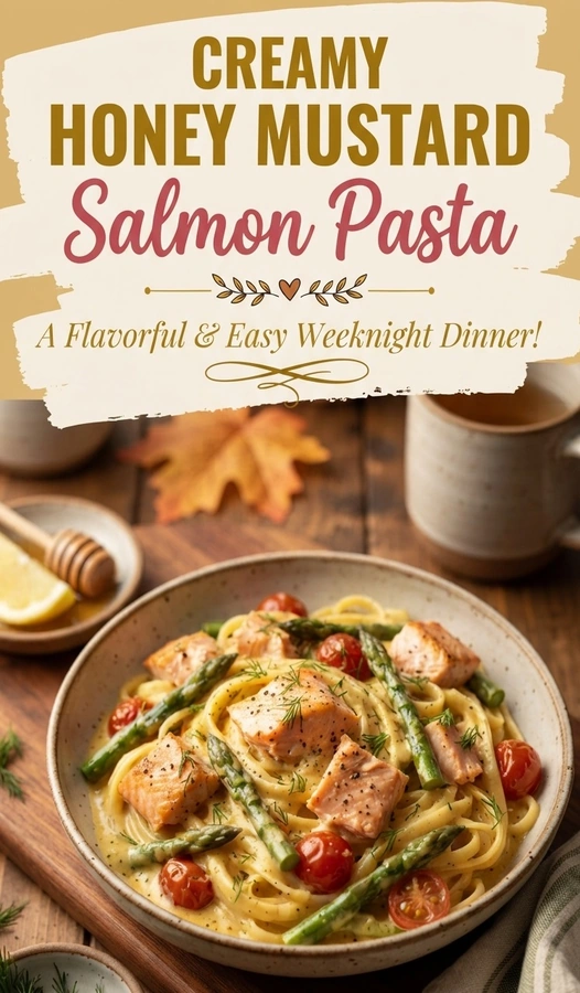 Flaked cooked salmon and penne pasta in a creamy honey mustard sauce, garnished with fresh parsley in a bowl.
