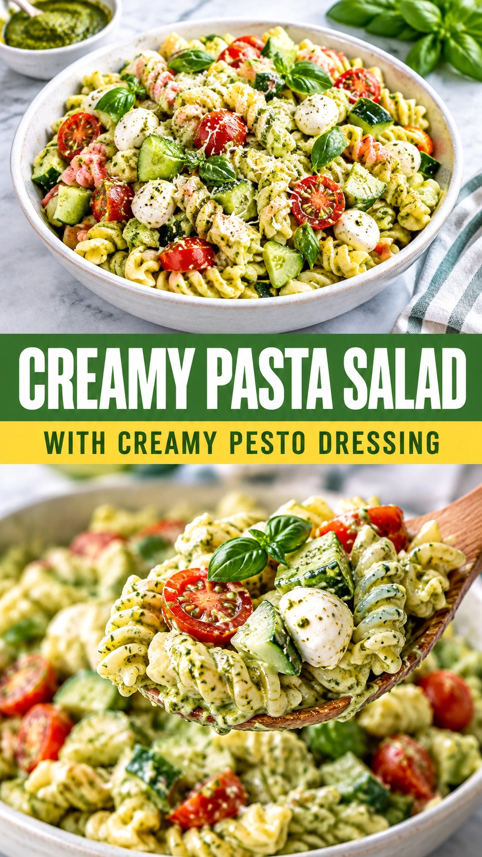 Rotini pasta salad tossed in creamy pesto dressing with cherry tomatoes, fresh mozzarella pearls, and chopped parsley in a bowl.