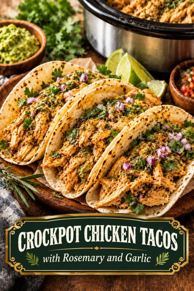 Three corn tortillas filled with shredded slow-cooked chicken, garnished with fresh rosemary sprigs and sliced green onions.