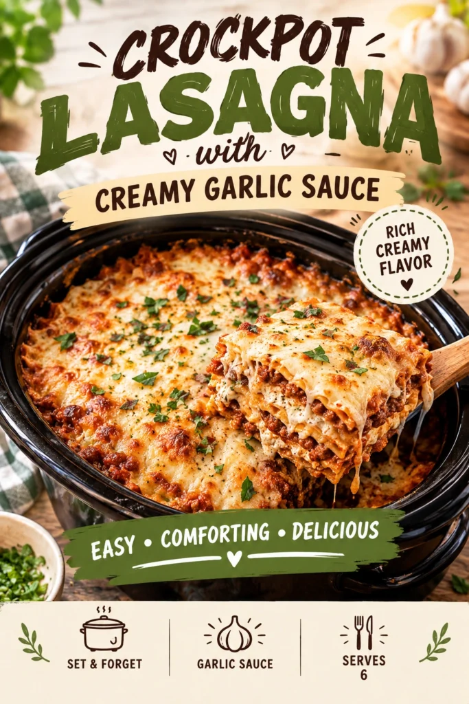 A slice of crockpot lasagna with melted mozzarella and creamy garlic sauce, served on a white plate.
