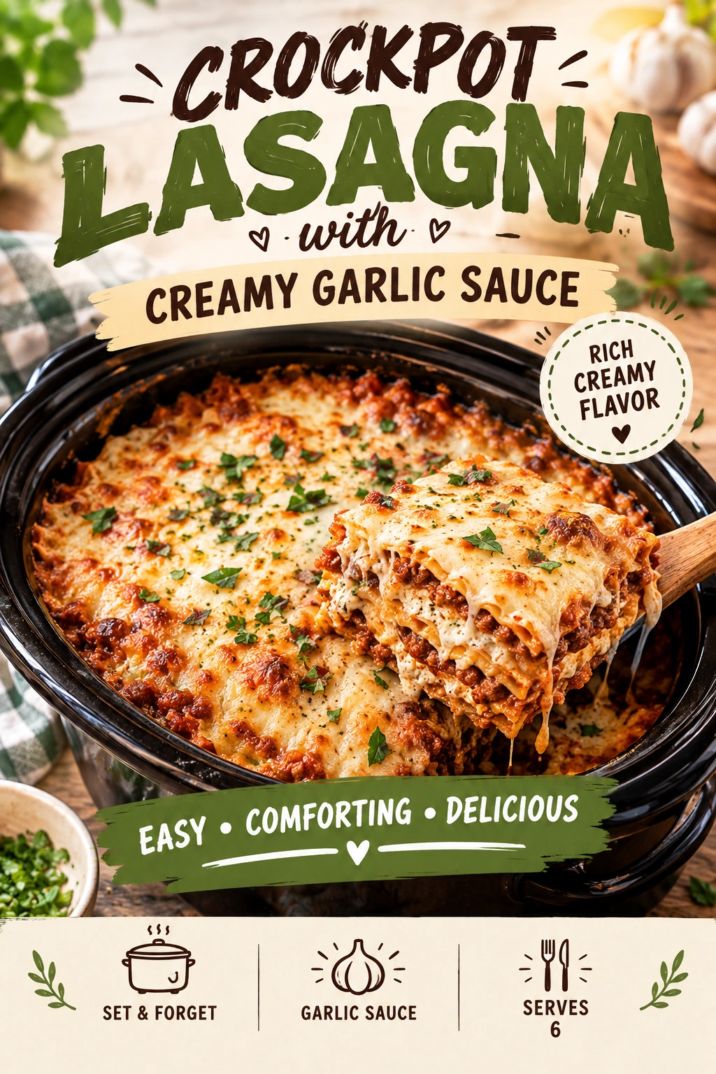 A slice of crockpot lasagna with melted mozzarella and creamy garlic sauce, served on a white plate.