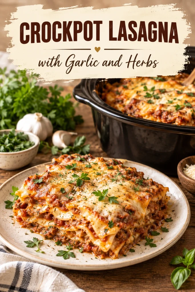A slice of slow cooker lasagna with melted mozzarella, ricotta, and tomato sauce topped with fresh parsley in a bowl.