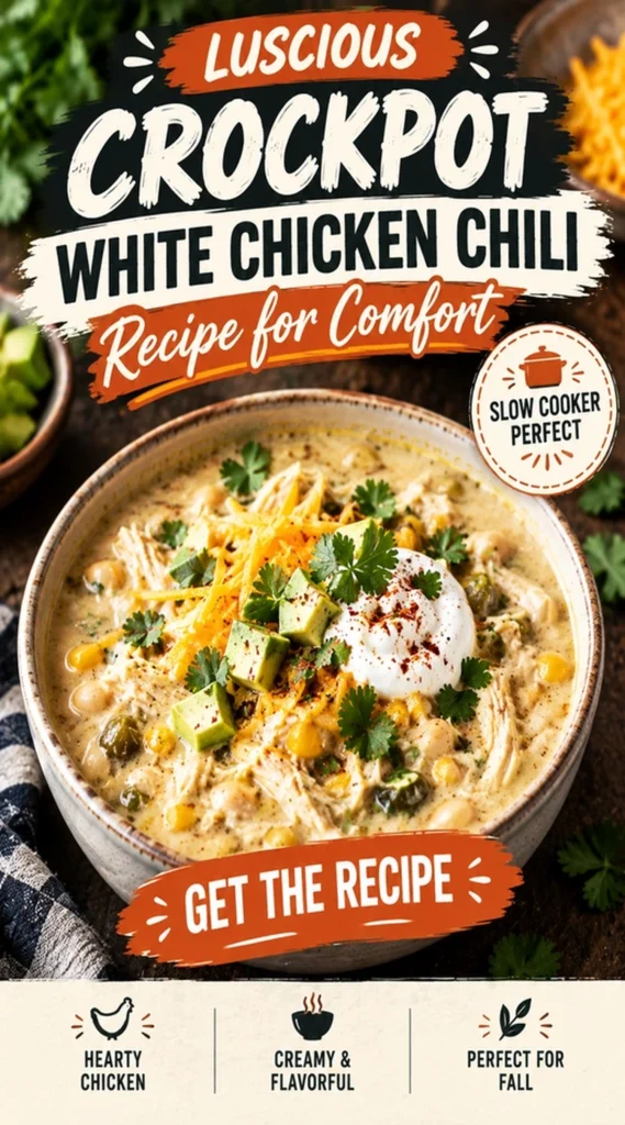 A white bowl of creamy white chicken chili topped with sliced jalapeños, shredded cheese, and fresh cilantro.