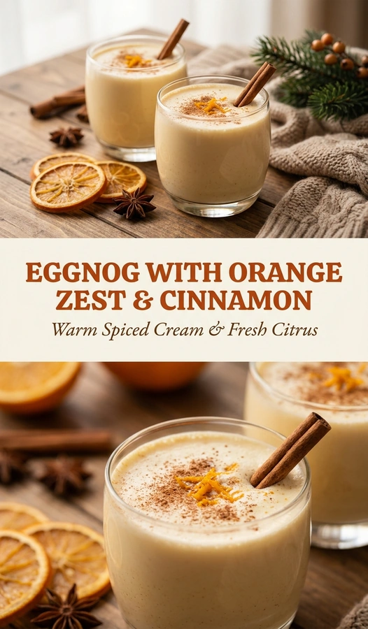 A glass of creamy eggnog topped with a sprinkle of cinnamon and a twist of orange zest on a table.
