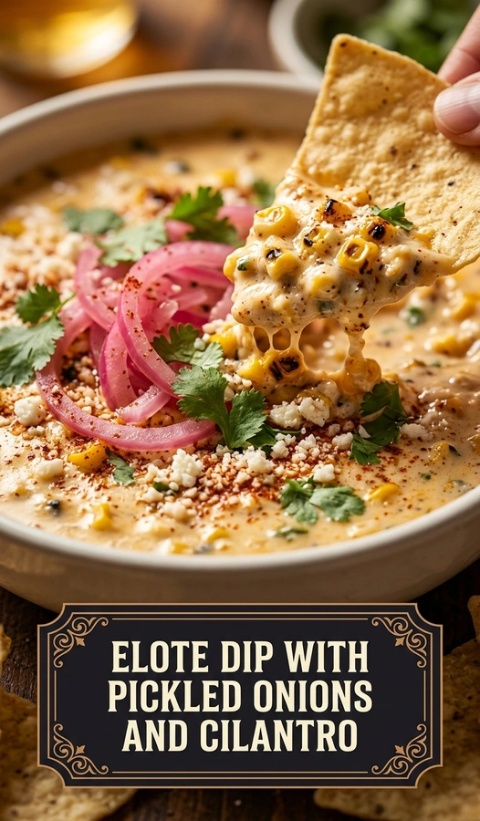 Creamy corn dip topped with crumbled cotija cheese, pickled red onions, and fresh cilantro, served with tortilla chips.