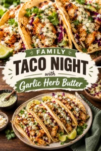 Soft corn tortillas filled with seasoned meat, topped with fresh cilantro and onion, served with a side of garlic herb butter.