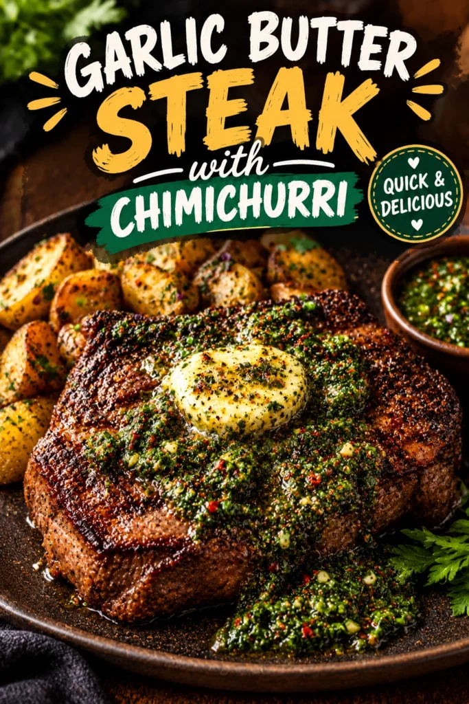 Slices of seared steak topped with melting garlic butter and vibrant green chimichurri sauce on a dark plate.