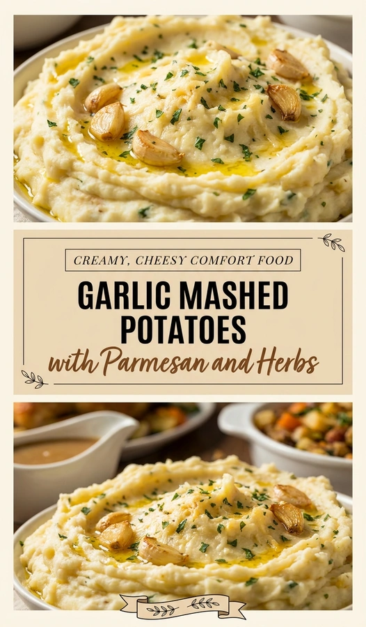 Creamy garlic mashed potatoes in a white bowl topped with melted parmesan cheese and chopped fresh green herbs.