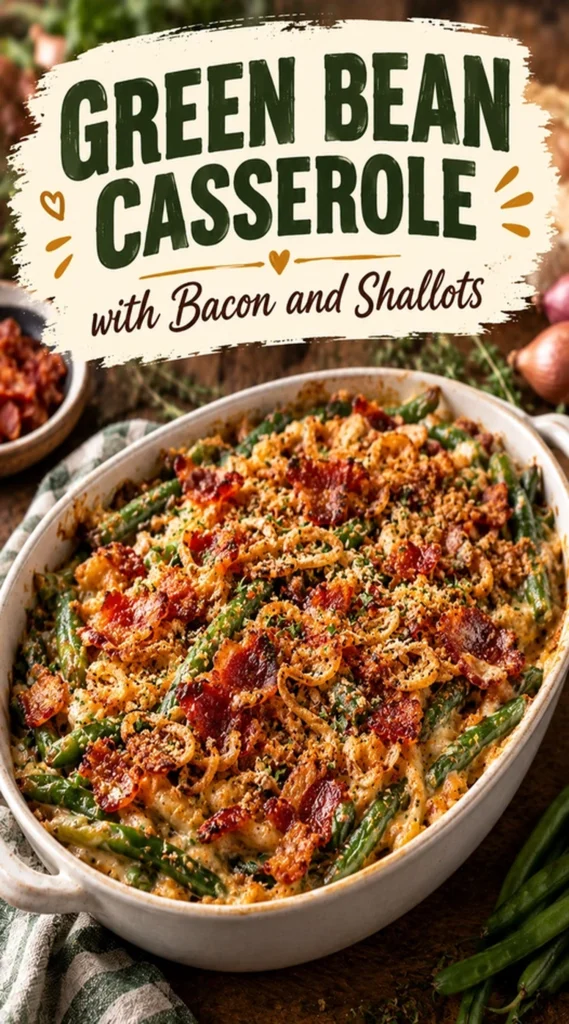 Creamy green bean casserole in a baking dish topped with crispy bacon bits and sautéed shallots.