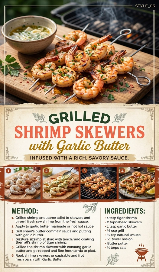 Grilled shrimp skewers glazed in garlic butter, charred on a grill and garnished with fresh parsley on a platter.