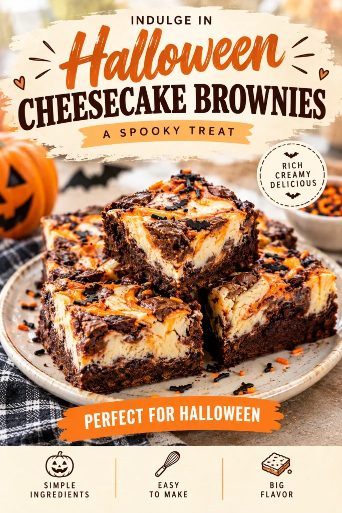 Fudgy chocolate brownie squares topped with a creamy cheesecake swirl and orange Halloween-themed frosting on a white platter.